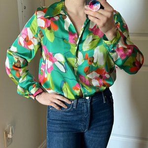 Zara Green Floral Satin Effect Top - Size M